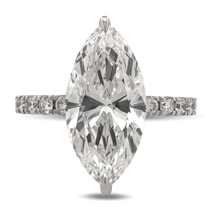 IGI Graded 5.01ct Marquise Center with Round Brilliant Lab-Grown Diamond Hidden Halo Engagement Ring in 14k White Gold