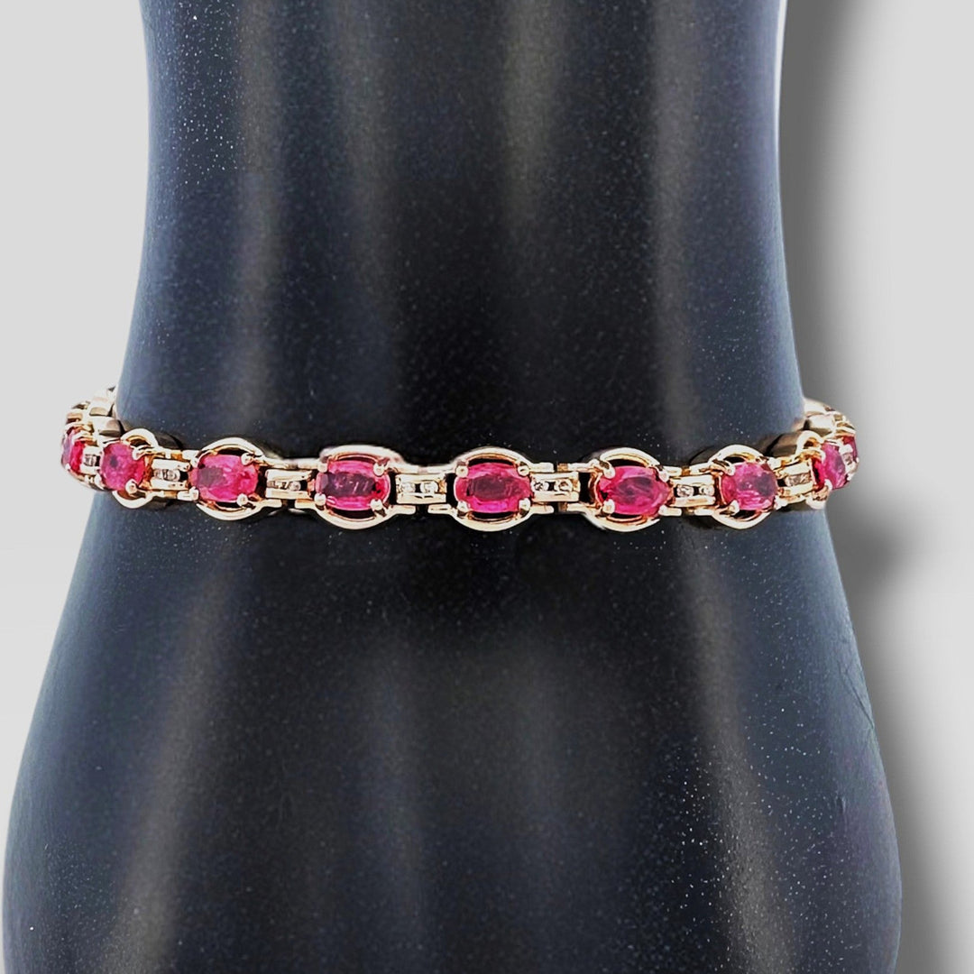 Oval Pink Sapphire and Round Brilliant Natural Diamond Link Tennis Bracelet in 14k Yellow Gold