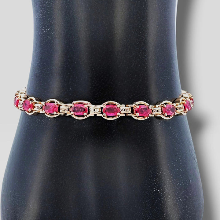 Oval Pink Sapphire and Round Brilliant Natural Diamond Link Tennis Bracelet in 14k Yellow Gold