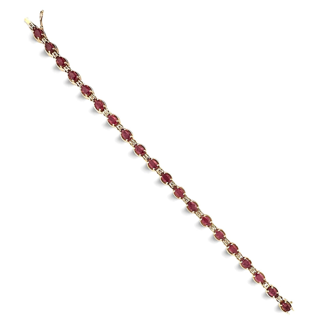 Oval Pink Sapphire and Round Brilliant Natural Diamond Link Tennis Bracelet in 14k Yellow Gold