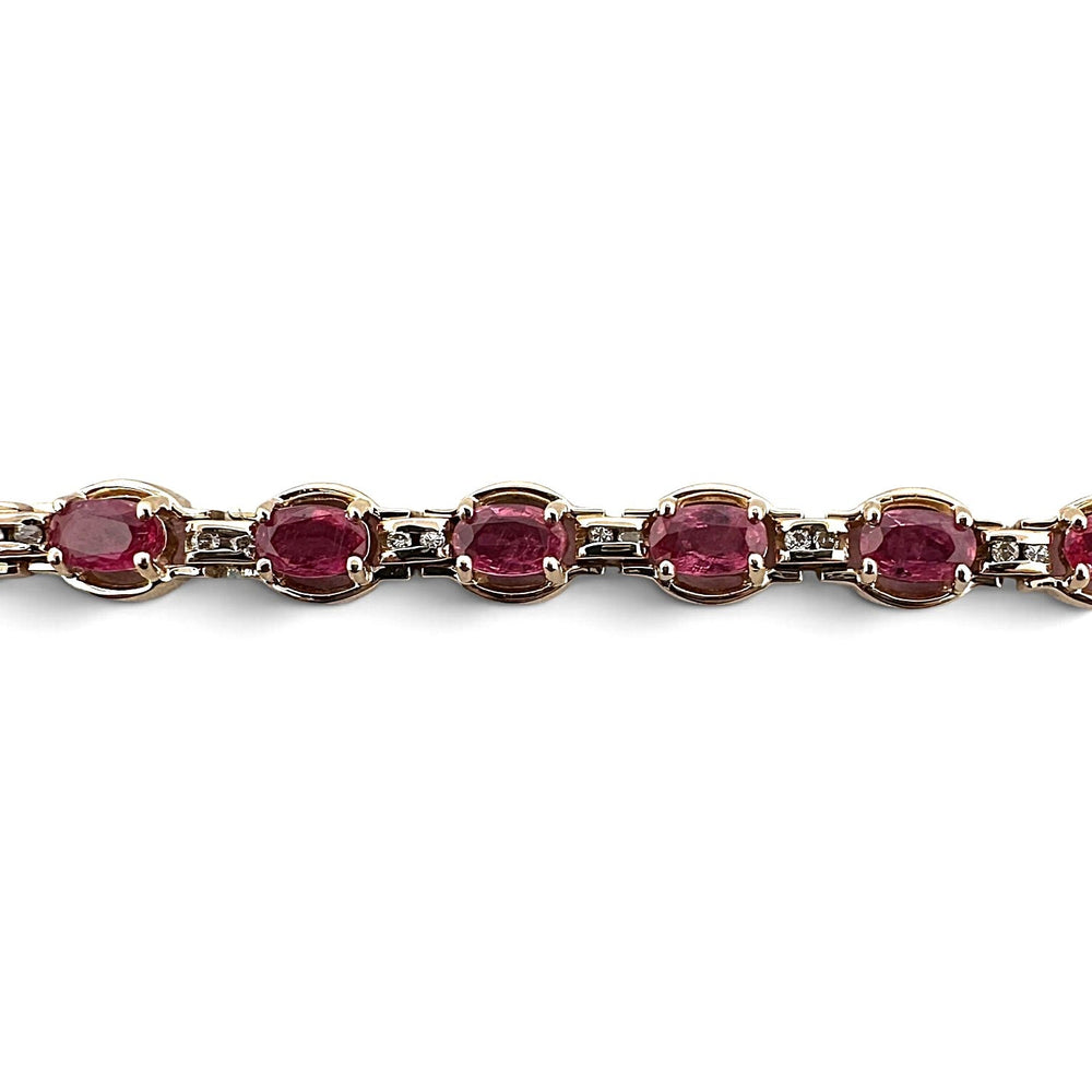 Oval Pink Sapphire and Round Brilliant Natural Diamond Link Tennis Bracelet in 14k Yellow Gold
