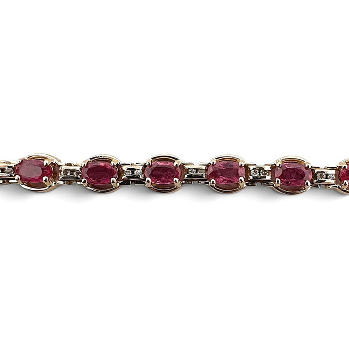 Oval Pink Sapphire and Round Brilliant Natural Diamond Link Tennis Bracelet in 14k Yellow Gold