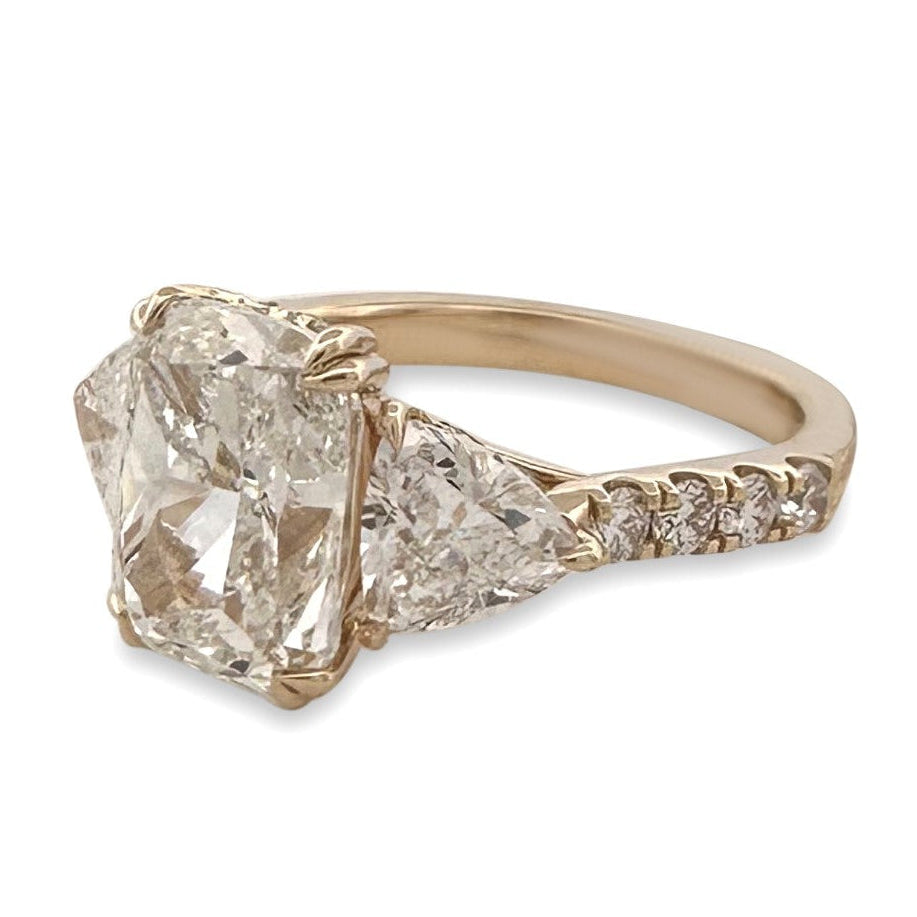 IGI Graded 4.04ct Cushion Cut with Trillion & Round Brilliant Lab-Grown Diamond Hidden Halo Engagement Ring in 14k Yellow Gold