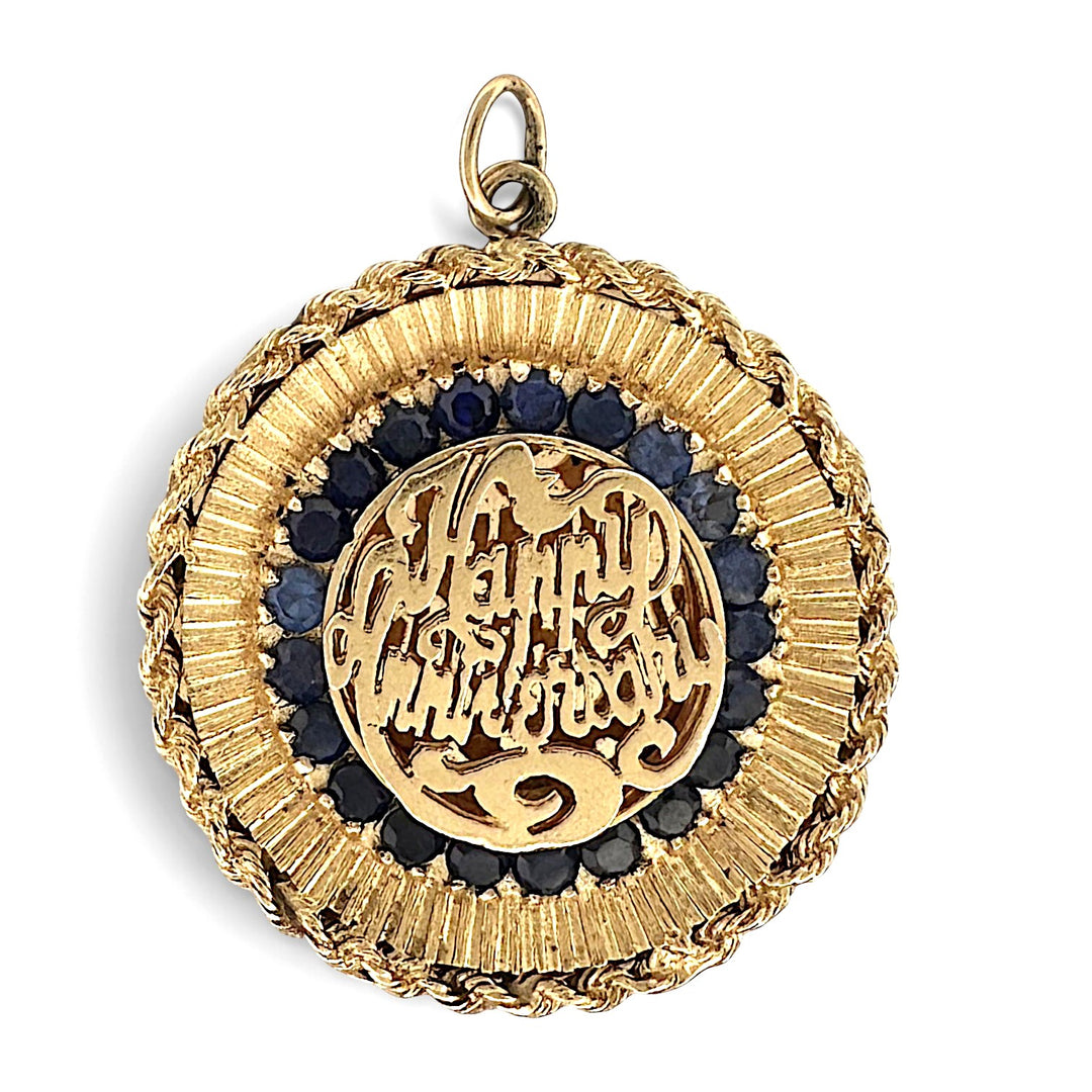 Vintage Round Synthetic Sapphire Happy Anniversary Charm Pendant in 14k Yellow Gold