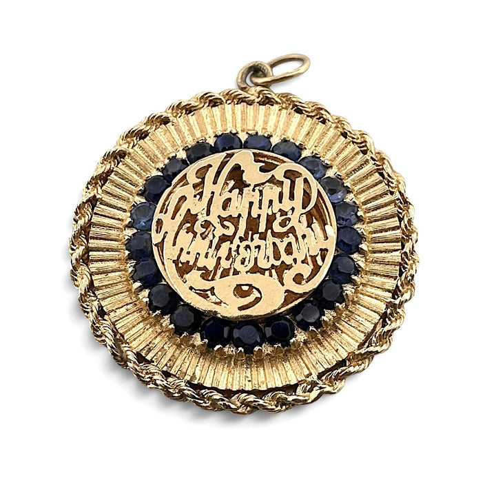 Vintage Round Synthetic Sapphire Happy Anniversary Charm Pendant in 14k Yellow Gold