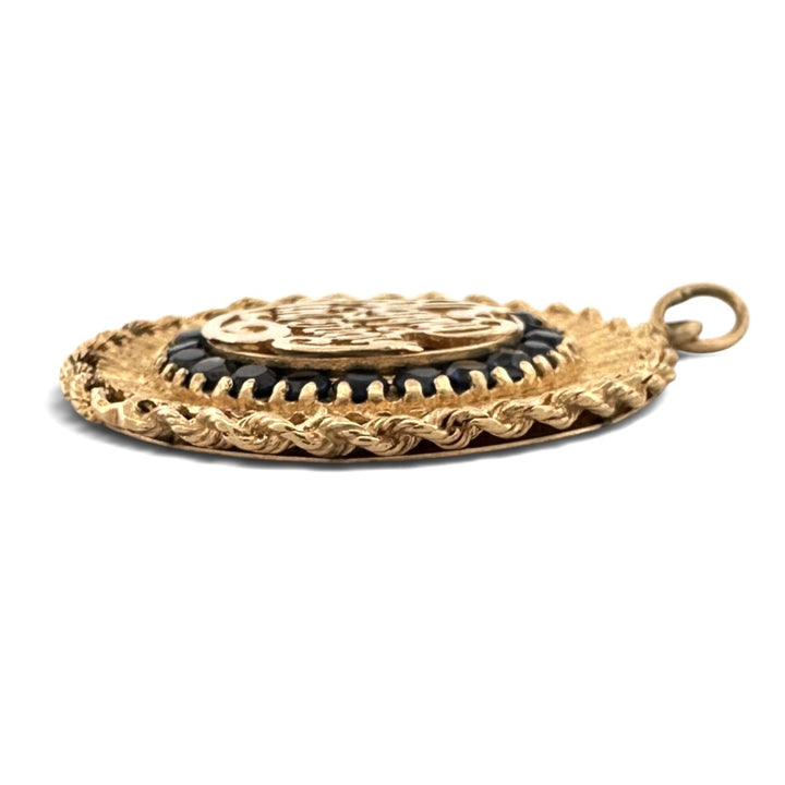 Vintage Round Synthetic Sapphire Happy Anniversary Charm Pendant in 14k Yellow Gold