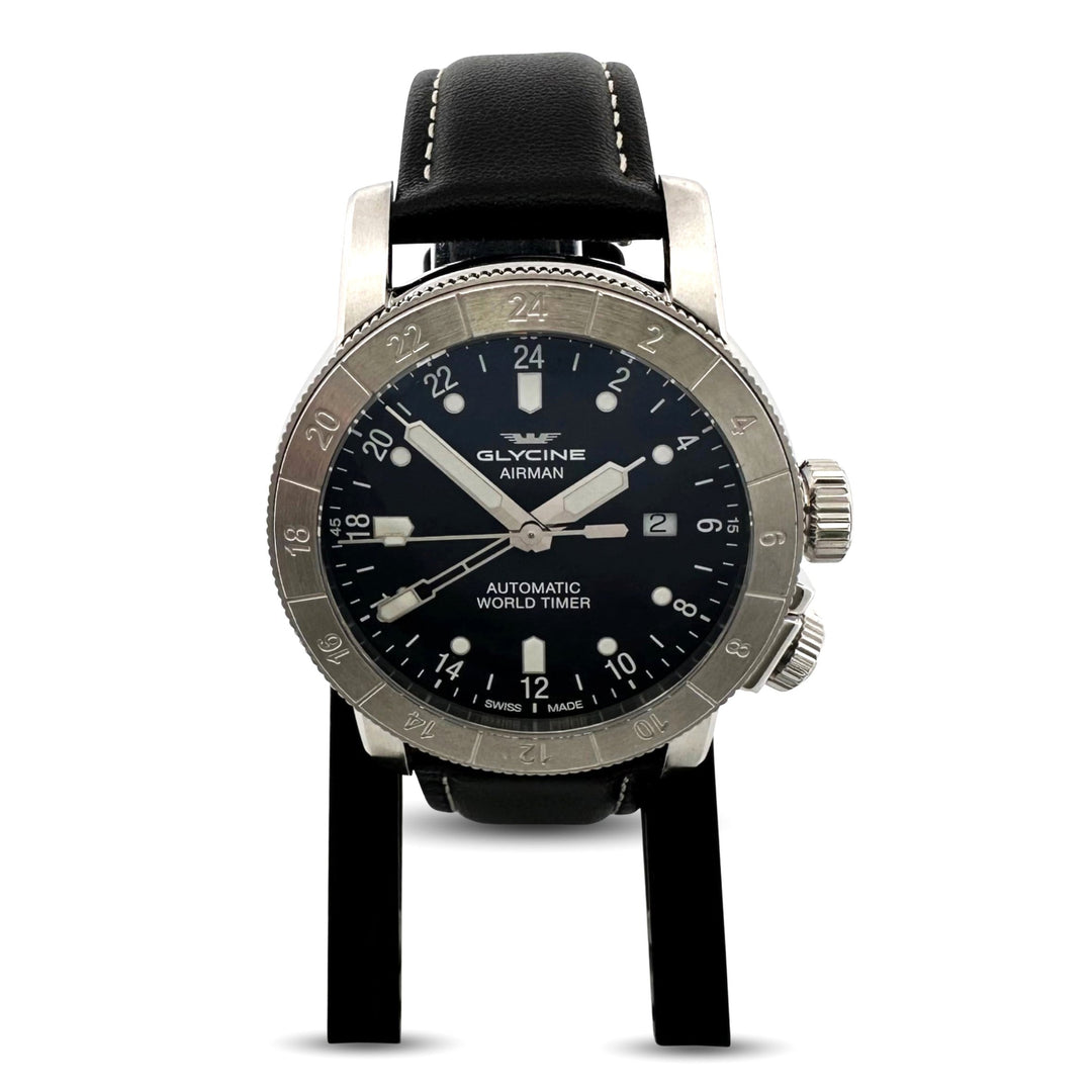 Glycine Airman GMT 44mm Stainless Steel Leather Strap Watch