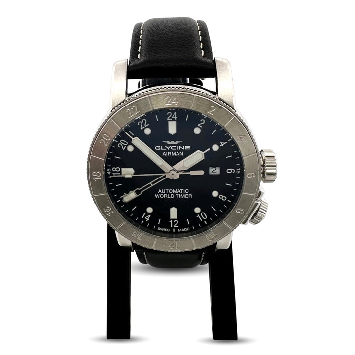 Glycine Airman GMT 44mm Stainless Steel Leather Strap Watch