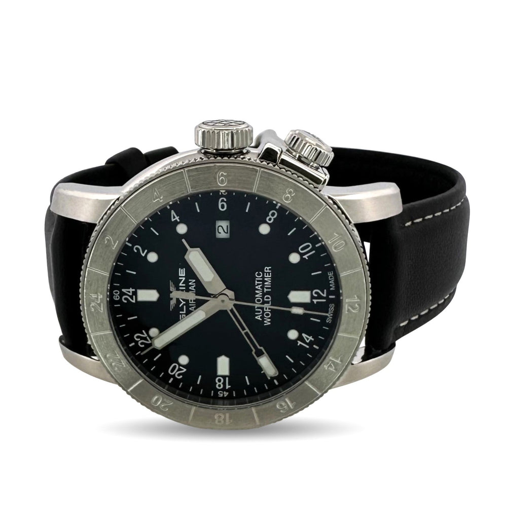 Glycine Airman GMT 44mm Stainless Steel Leather Strap Watch