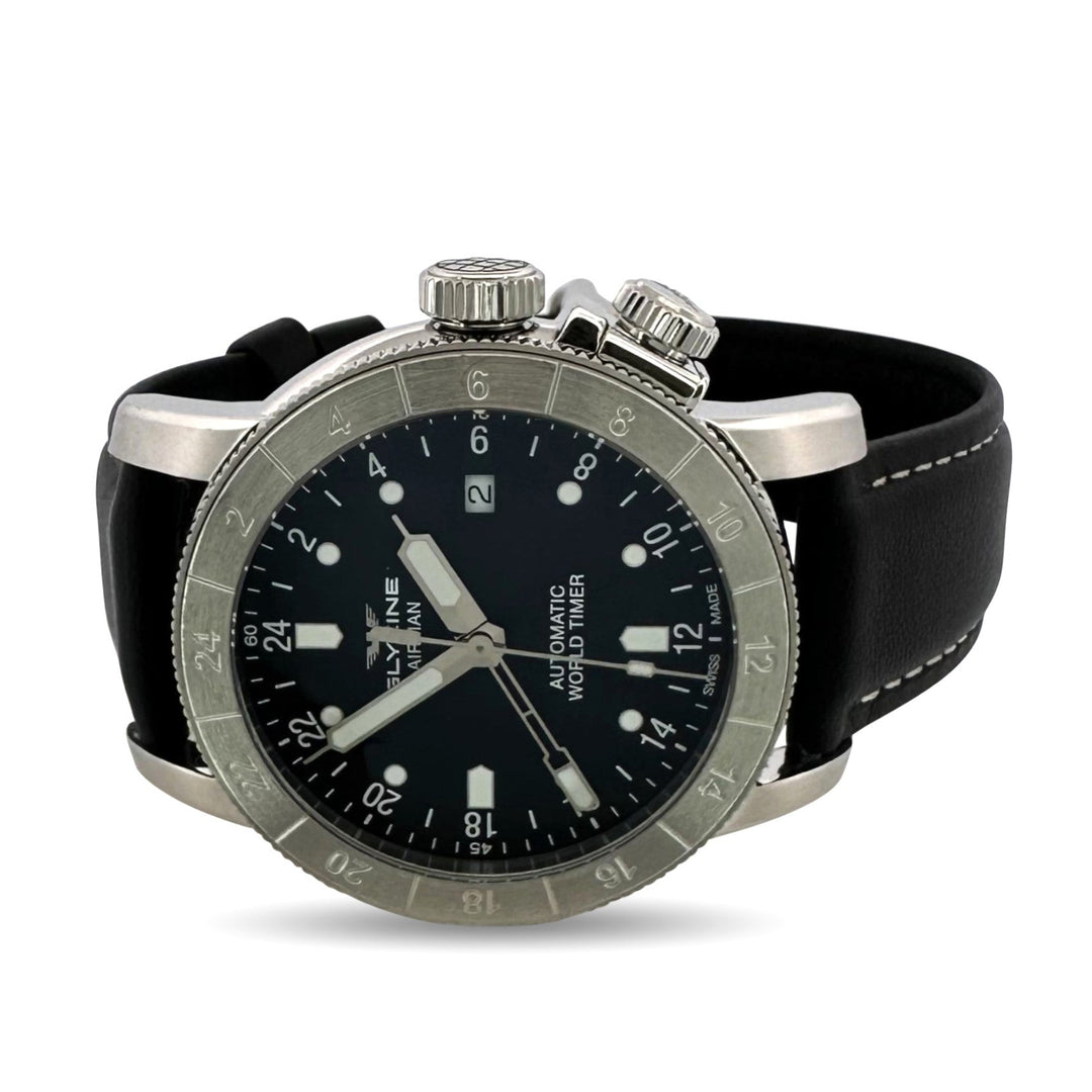 Glycine Airman GMT 44mm Stainless Steel Leather Strap Watch