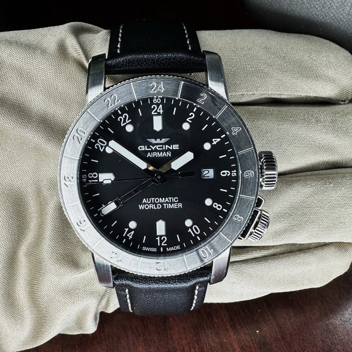 Glycine Airman GMT 44mm Stainless Steel Leather Strap Watch