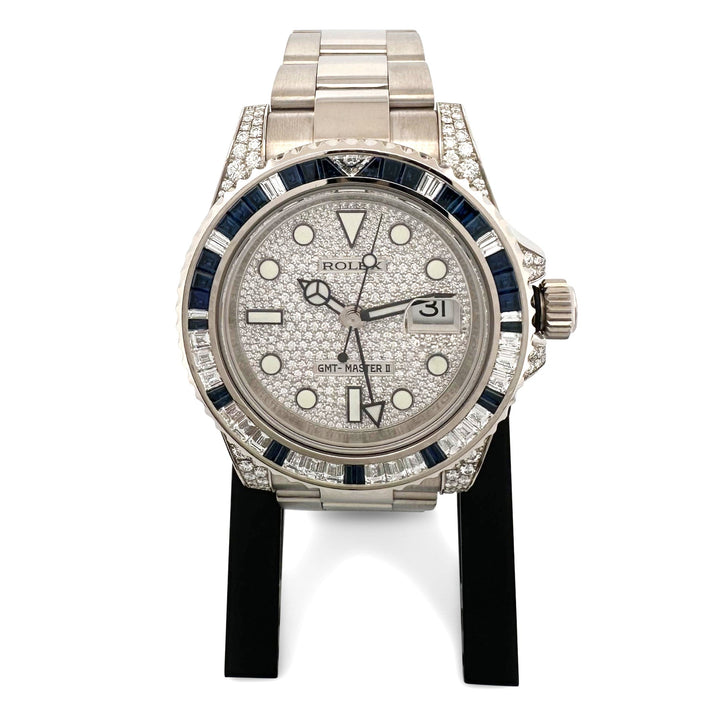 2007 Rolex GMT-Master II 40mm Oyster Bracelet Watch with Factory Diamonds & Sapphires in 18k White Gold, with Box and Service Card