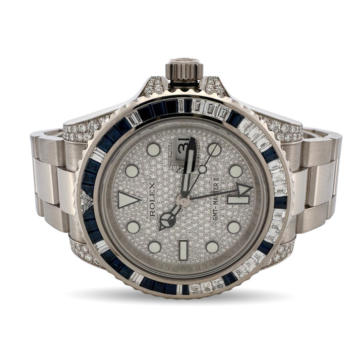2007 Rolex GMT-Master II 40mm Oyster Bracelet Watch with Factory Diamonds & Sapphires in 18k White Gold, with Box and Service Card