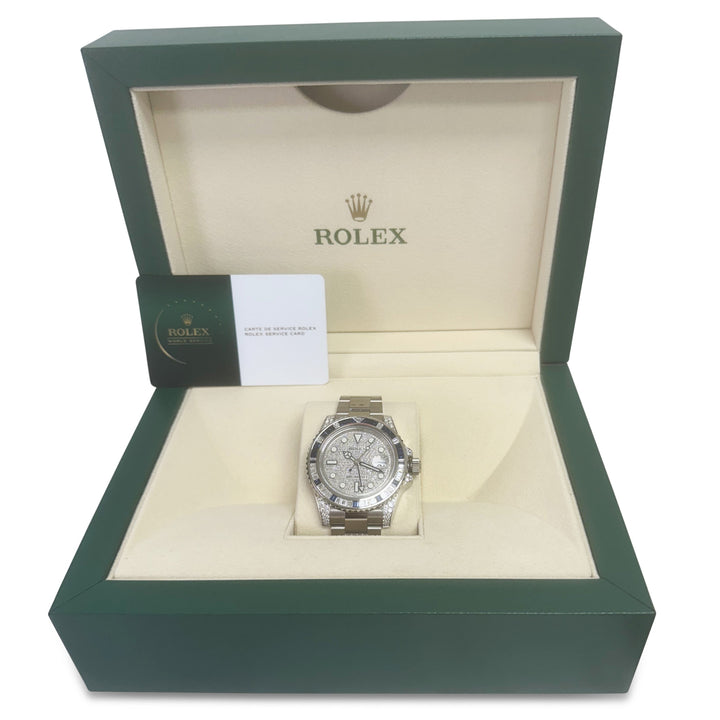 2007 Rolex GMT-Master II 40mm Oyster Bracelet Watch with Factory Diamonds & Sapphires in 18k White Gold, with Box and Service Card