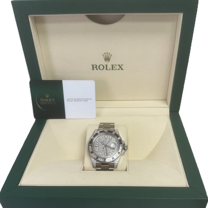 2007 Rolex GMT-Master II 40mm Oyster Bracelet Watch with Factory Diamonds & Sapphires in 18k White Gold, with Box and Service Card