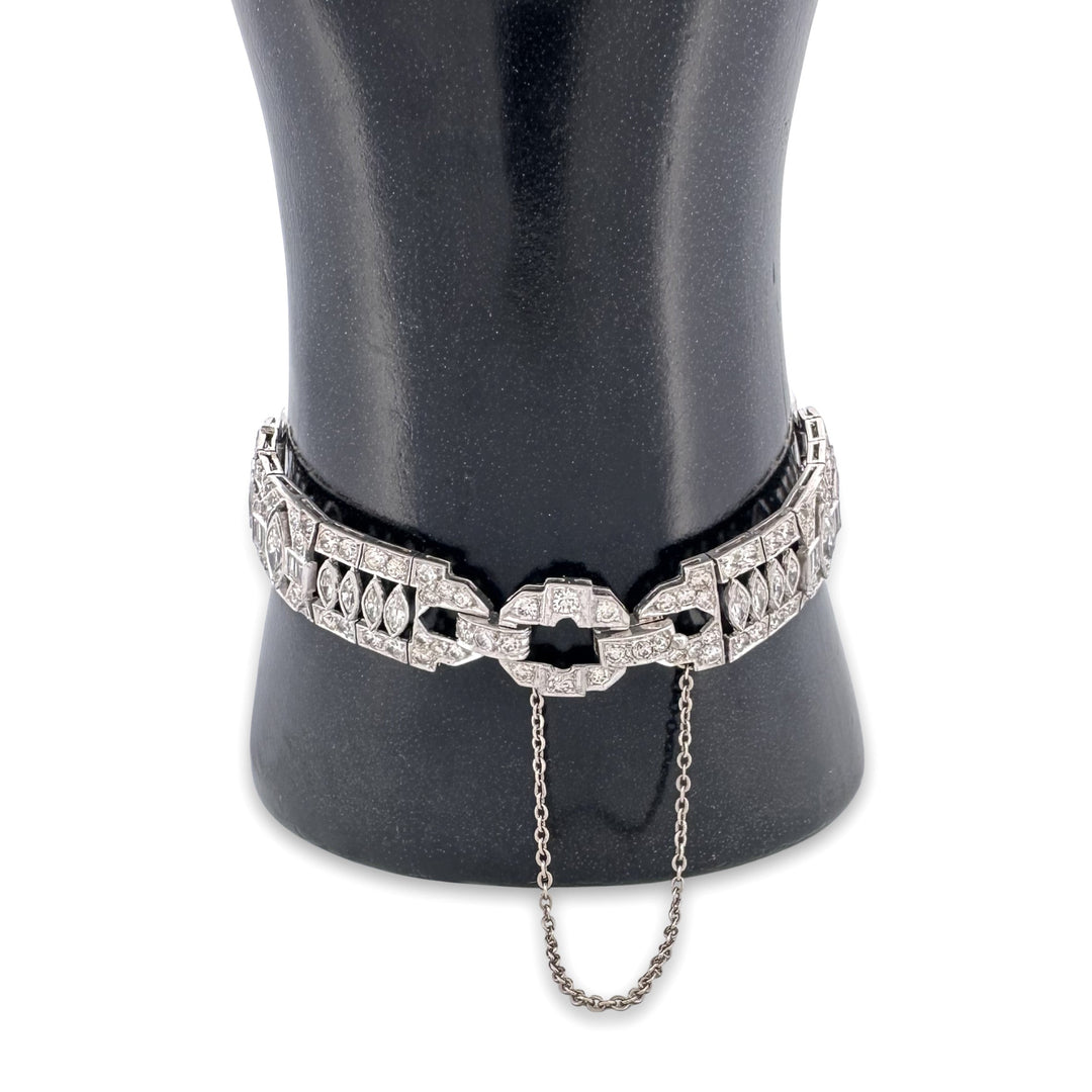 Art Deco Marquise, Old European & Baguette Natural Diamond Bracelet in Platinum