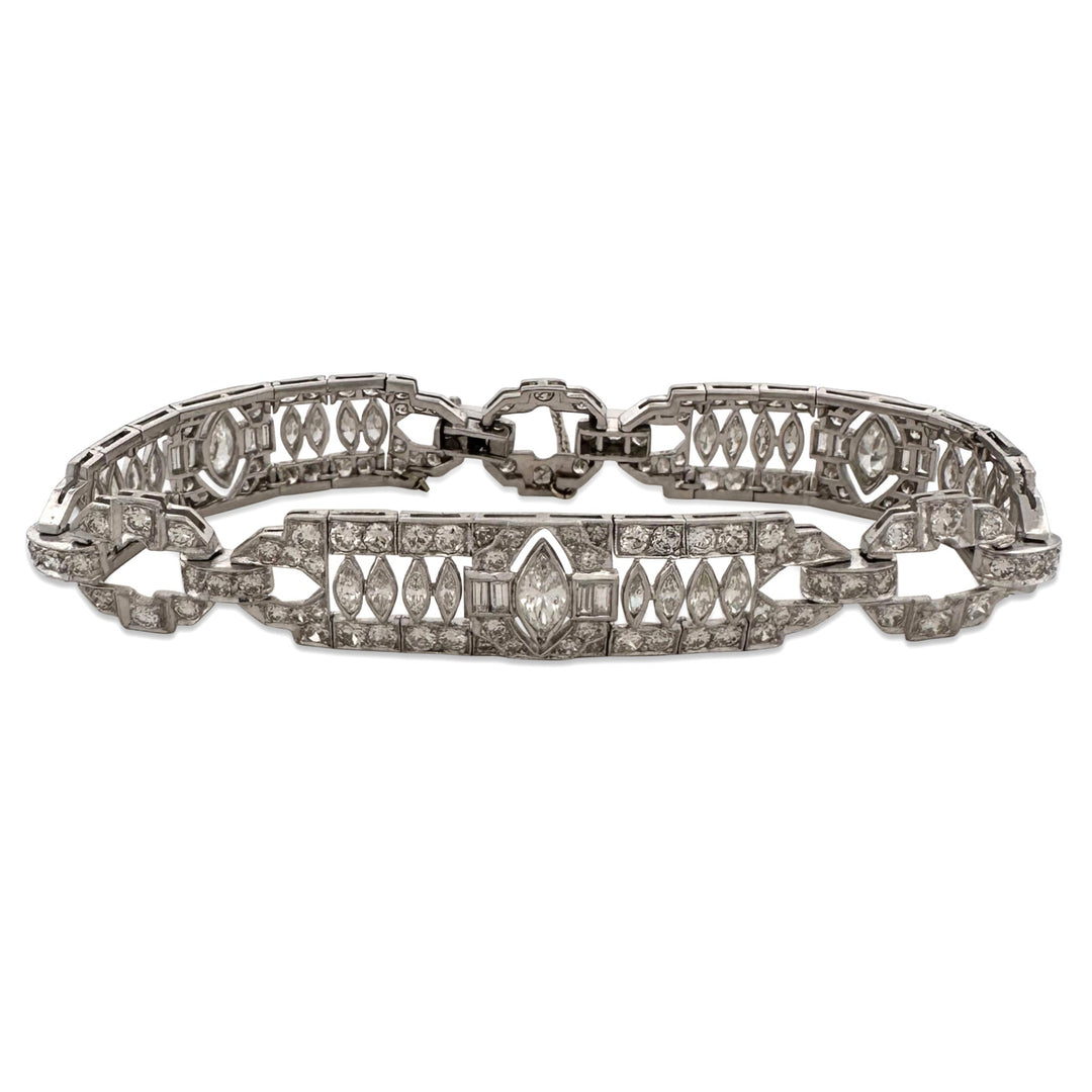 Art Deco Marquise, Old European & Baguette Natural Diamond Bracelet in Platinum