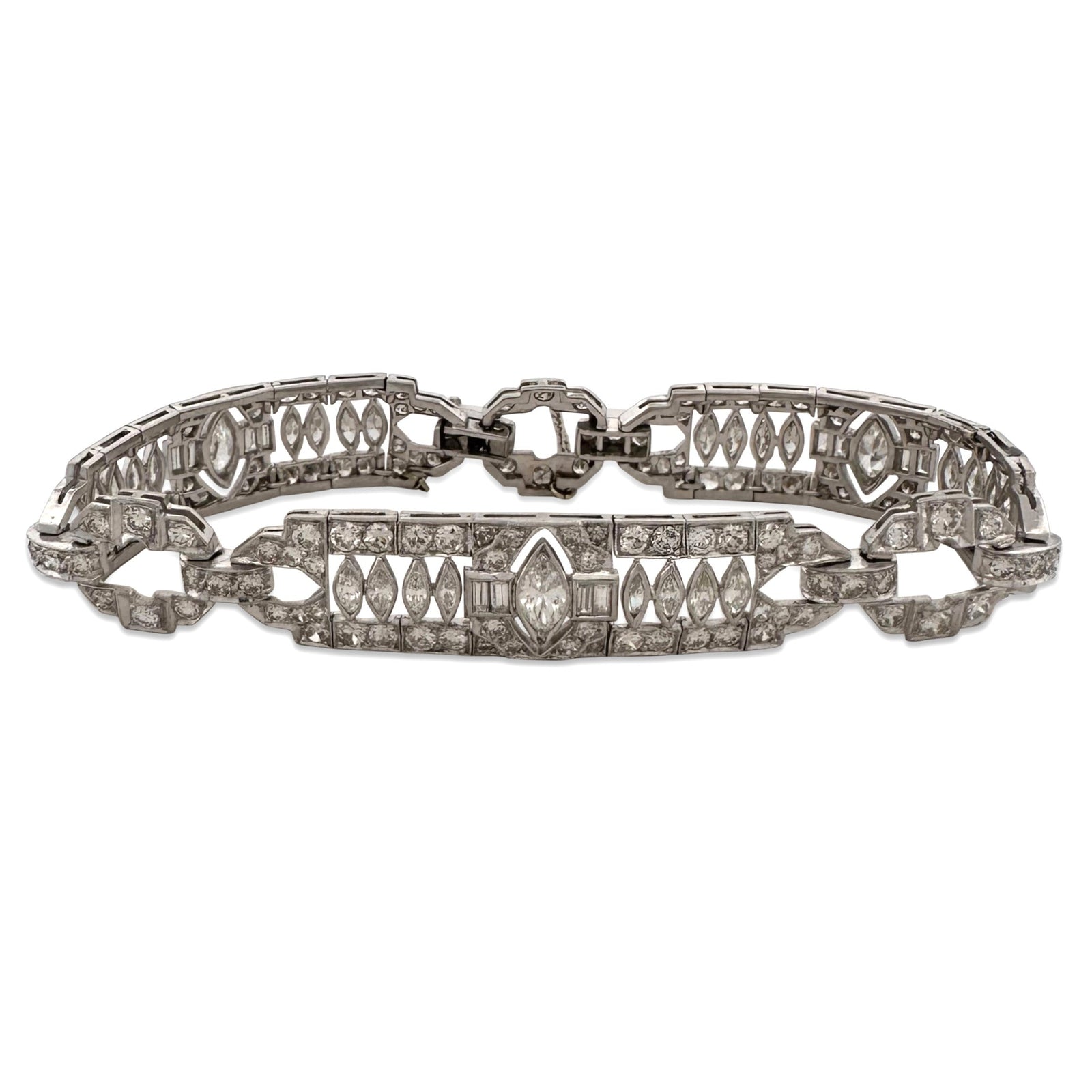 Art Deco Marquise, Old European & Baguette Natural Diamond Bracelet in Platinum