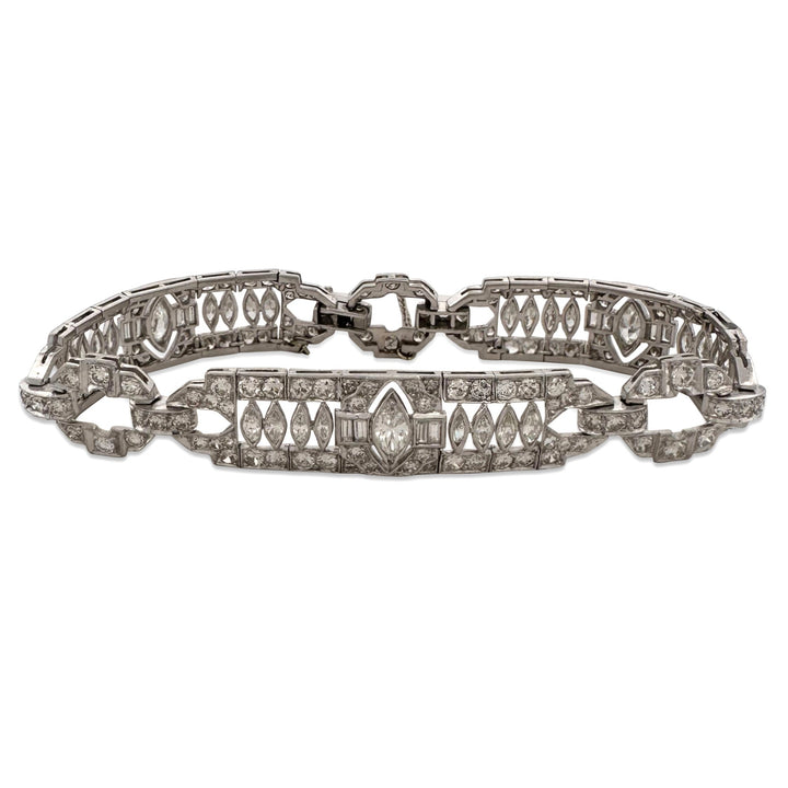Art Deco Marquise, Old European & Baguette Natural Diamond Bracelet in Platinum