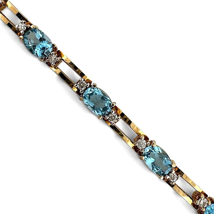 Oval Blue Topaz and Round Brilliant Natural Diamond Link Tennis Bracelet in 18k Yellow Gold