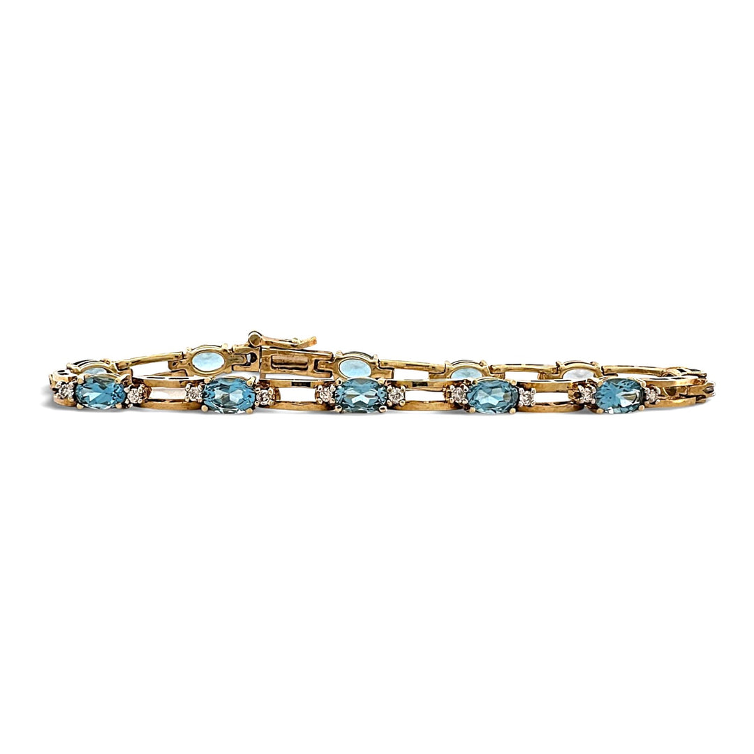 Oval Blue Topaz and Round Brilliant Natural Diamond Link Tennis Bracelet in 18k Yellow Gold