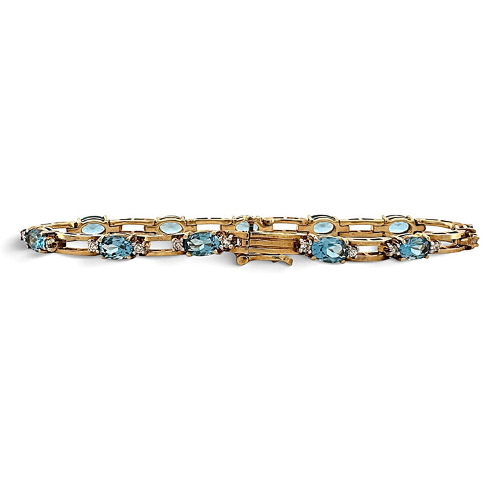 Oval Blue Topaz and Round Brilliant Natural Diamond Link Tennis Bracelet in 18k Yellow Gold