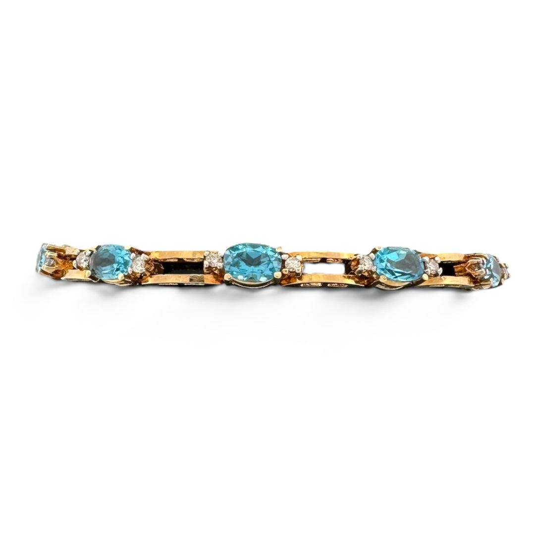 Oval Blue Topaz and Round Brilliant Natural Diamond Link Tennis Bracelet in 18k Yellow Gold