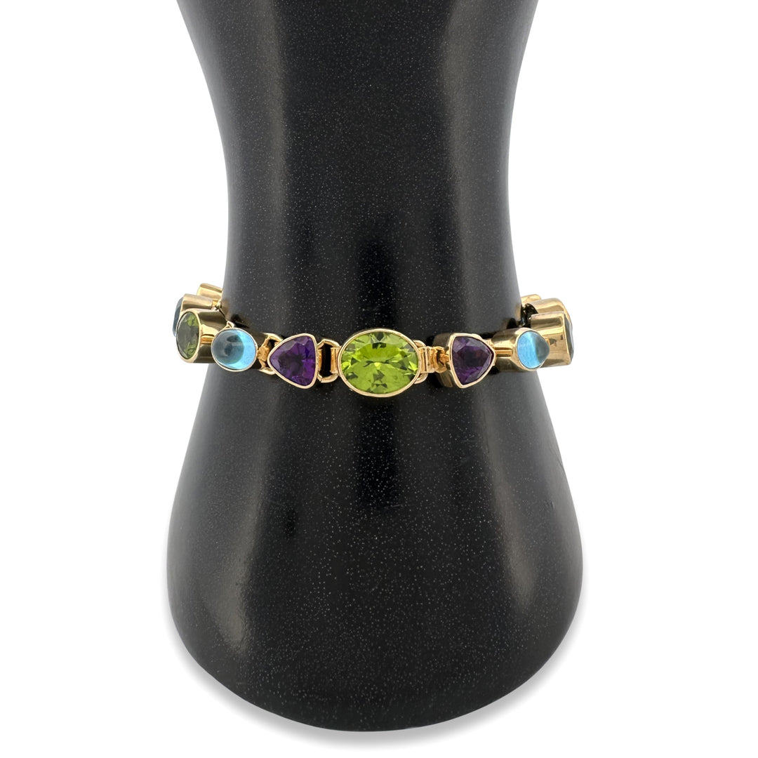 Peridot, Amethyst and Blue Topaz Bezel-Set Link Bracelet in 18k Yellow Gold