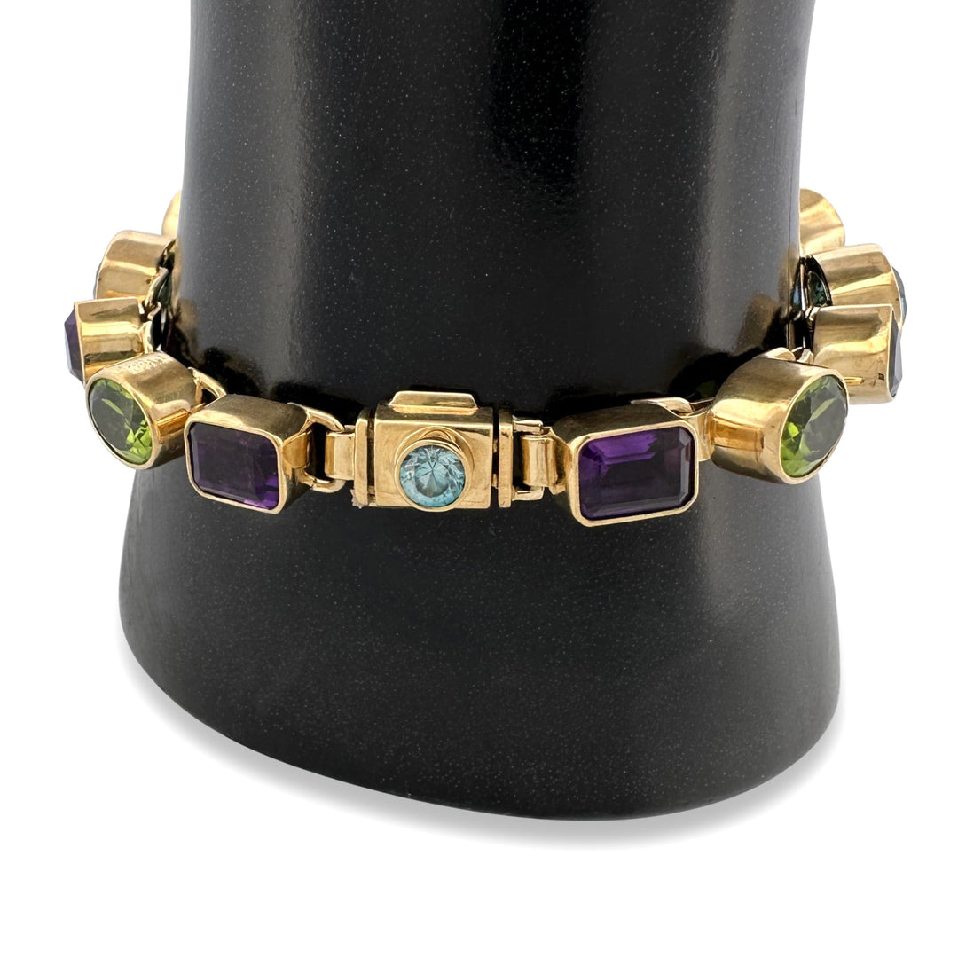 Peridot, Amethyst and Blue Topaz Bezel-Set Link Bracelet in 18k Yellow Gold