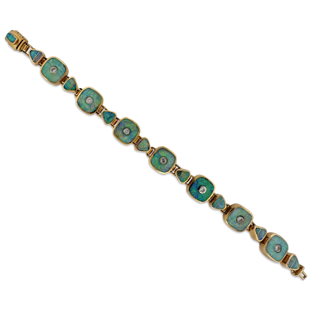 Opal Inlay 0.70ctw Round Brilliant Natural Diamond Link Bracelet in 18k Yellow Gold