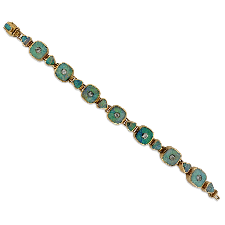 Opal Inlay 0.70ctw Round Brilliant Natural Diamond Link Bracelet in 18k Yellow Gold