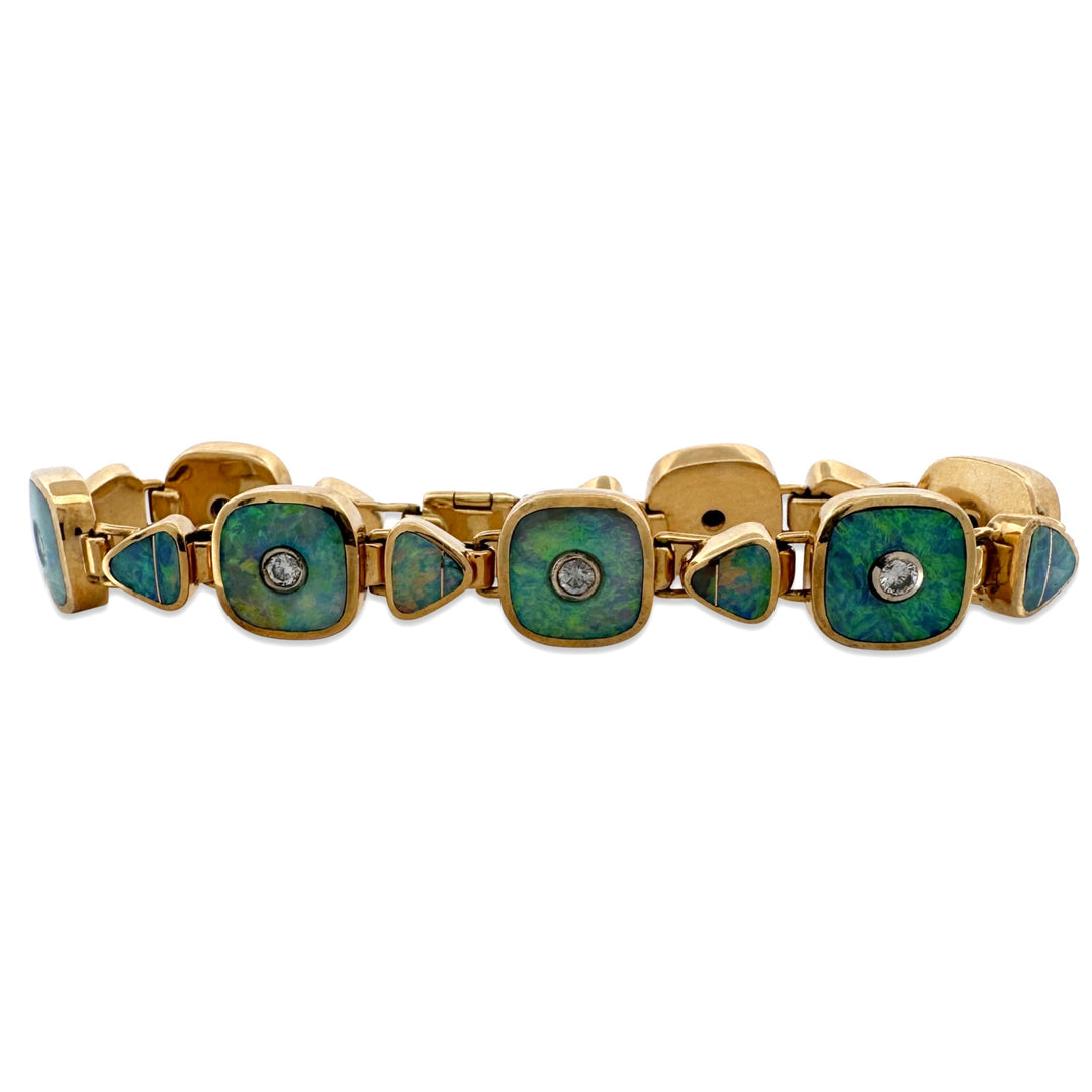 Opal Inlay 0.70ctw Round Brilliant Natural Diamond Link Bracelet in 18k Yellow Gold