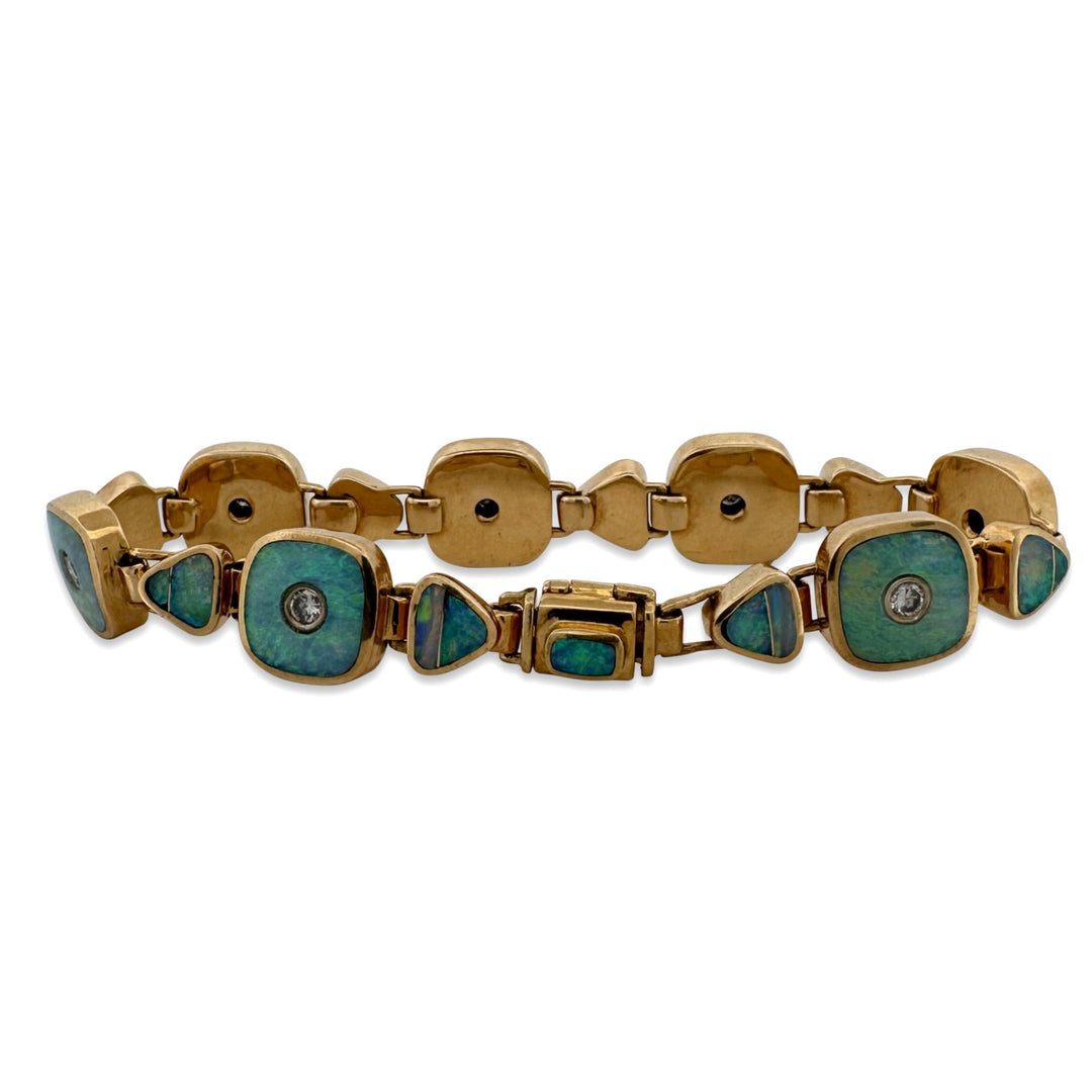 Opal Inlay 0.70ctw Round Brilliant Natural Diamond Link Bracelet in 18k Yellow Gold