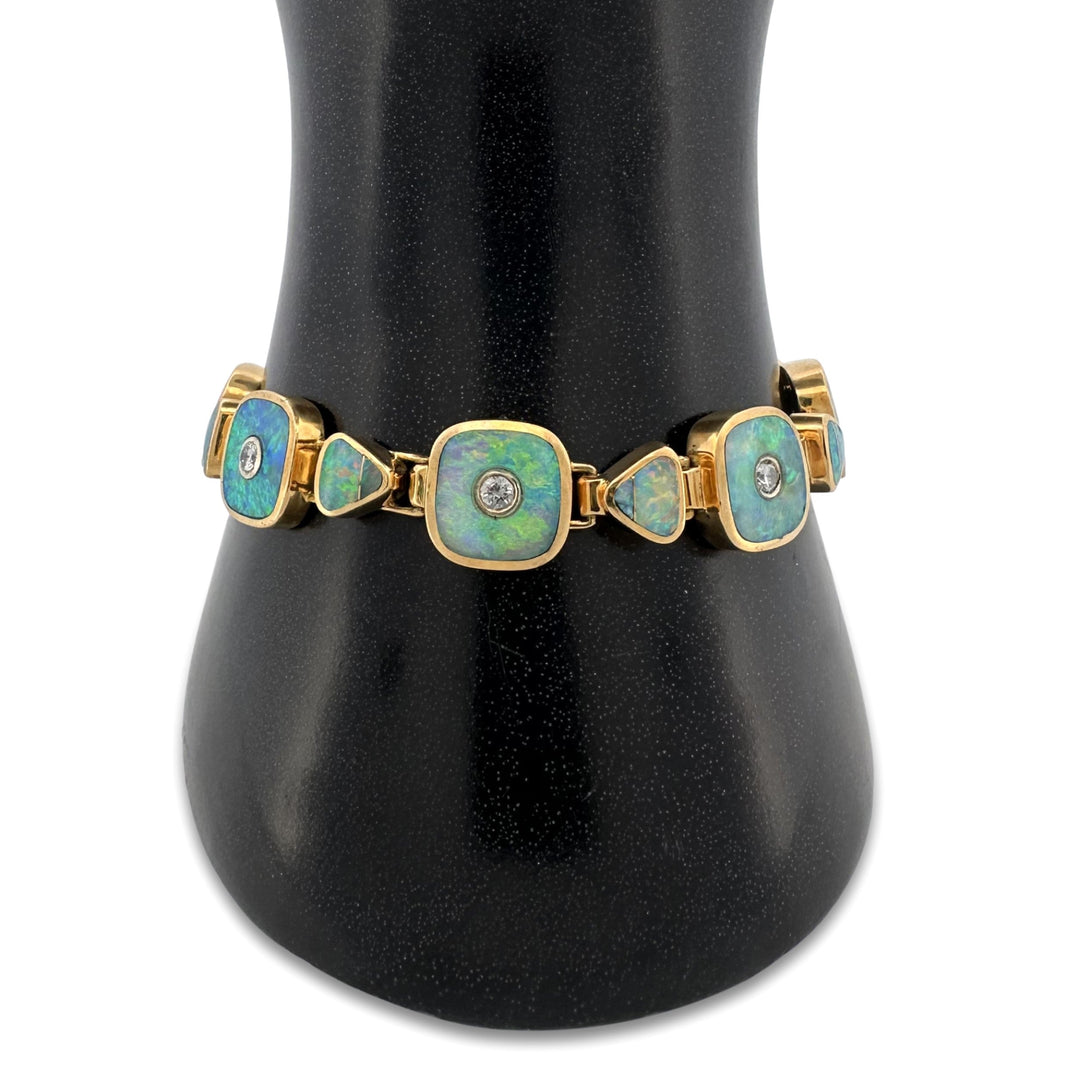 Opal Inlay 0.70ctw Round Brilliant Natural Diamond Link Bracelet in 18k Yellow Gold