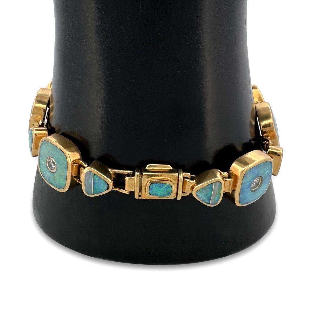 Opal Inlay 0.70ctw Round Brilliant Natural Diamond Link Bracelet in 18k Yellow Gold
