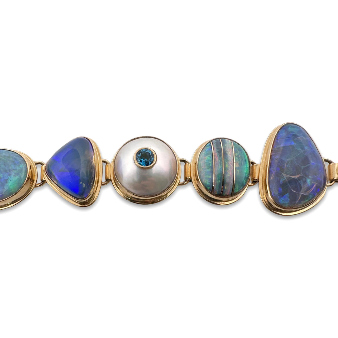 Opal, Cultured Pearl, Labradorite, Moonstone & Topaz Link Bracelet in 18k Yellow Gold