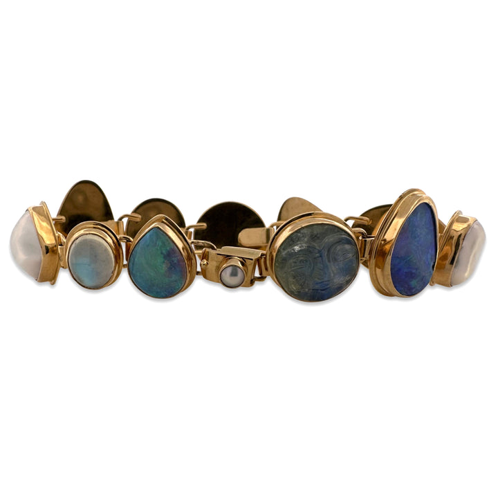 Opal, Cultured Pearl, Labradorite, Moonstone & Topaz Link Bracelet in 18k Yellow Gold