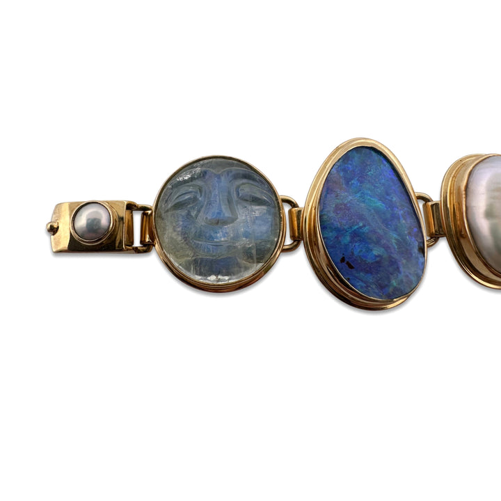 Opal, Cultured Pearl, Labradorite, Moonstone & Topaz Link Bracelet in 18k Yellow Gold