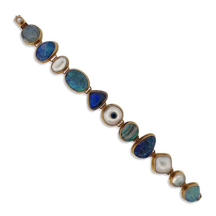 Opal, Cultured Pearl, Labradorite, Moonstone & Topaz Link Bracelet in 18k Yellow Gold