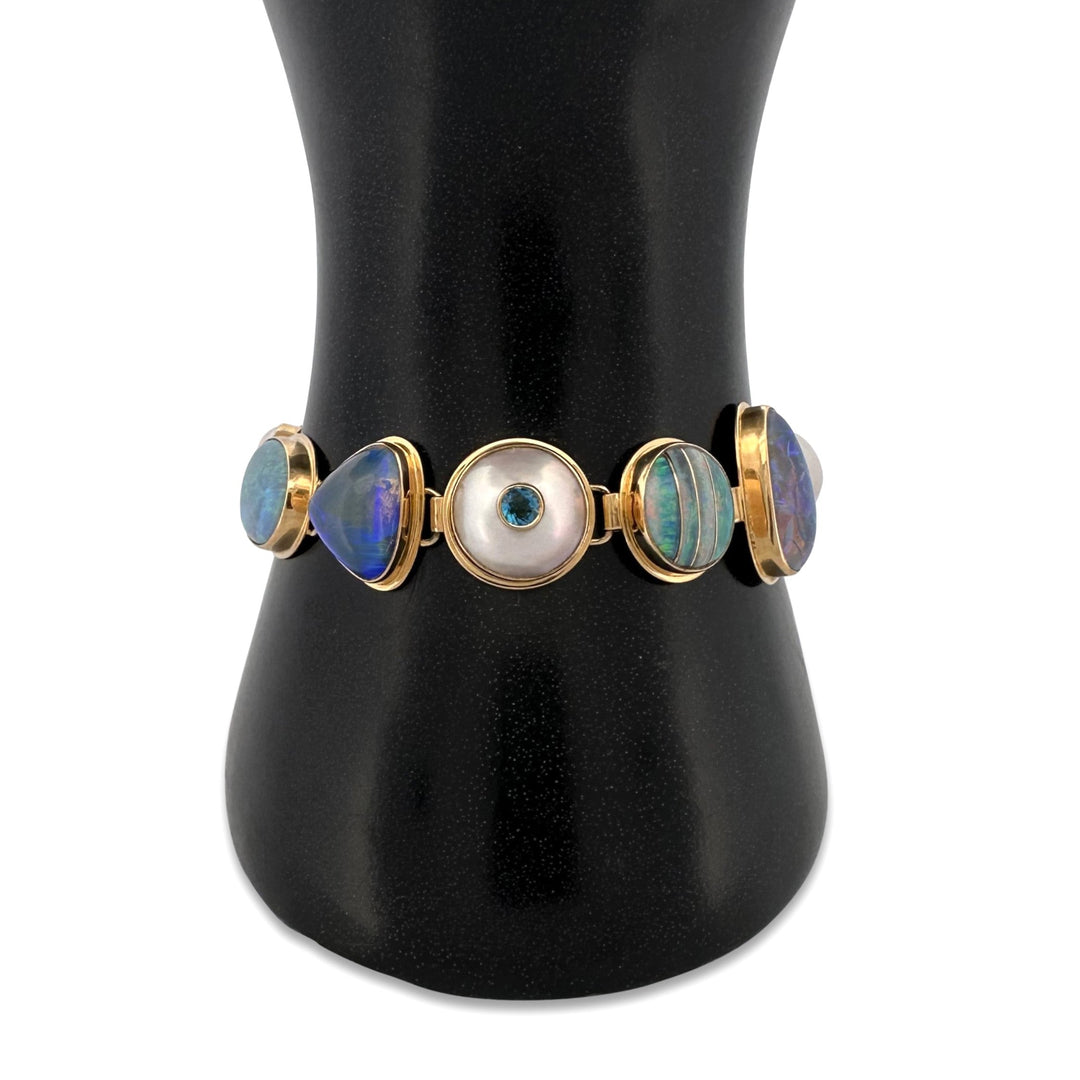 Opal, Cultured Pearl, Labradorite, Moonstone & Topaz Link Bracelet in 18k Yellow Gold