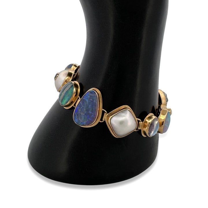 Opal, Cultured Pearl, Labradorite, Moonstone & Topaz Link Bracelet in 18k Yellow Gold
