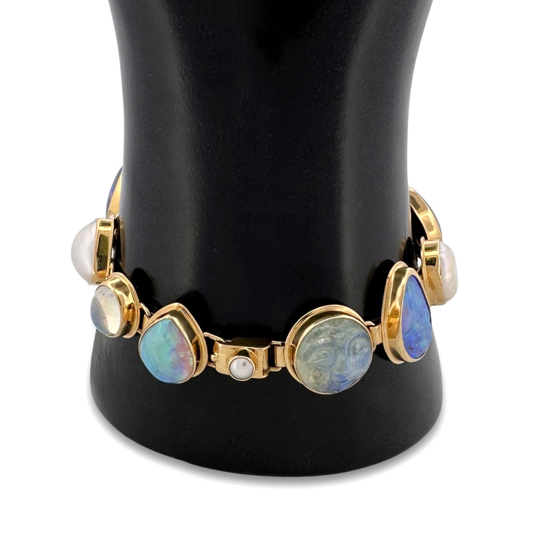 Opal, Cultured Pearl, Labradorite, Moonstone & Topaz Link Bracelet in 18k Yellow Gold