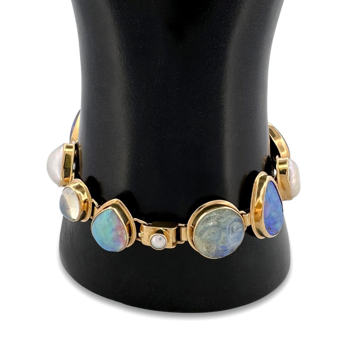Opal, Cultured Pearl, Labradorite, Moonstone & Topaz Link Bracelet in 18k Yellow Gold