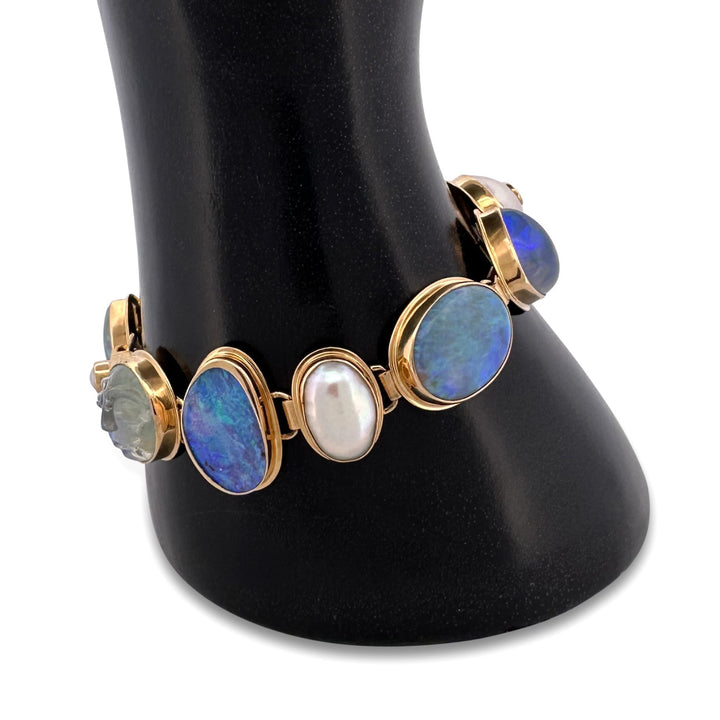 Opal, Cultured Pearl, Labradorite, Moonstone & Topaz Link Bracelet in 18k Yellow Gold