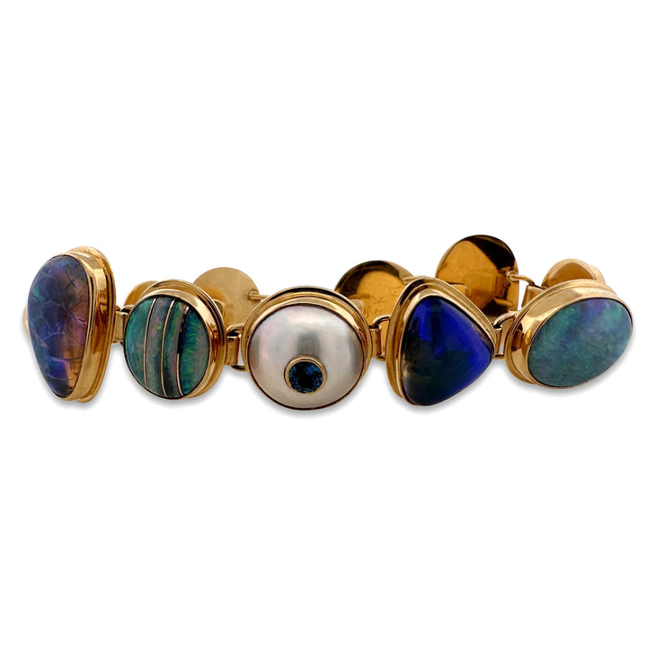 Opal, Cultured Pearl, Labradorite, Moonstone & Topaz Link Bracelet in 18k Yellow Gold