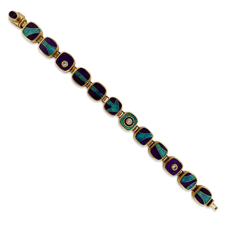 Opal & Sugilite Inlay with Round Brilliant Natural Diamond Link Bracelet in 18k Yellow Gold
