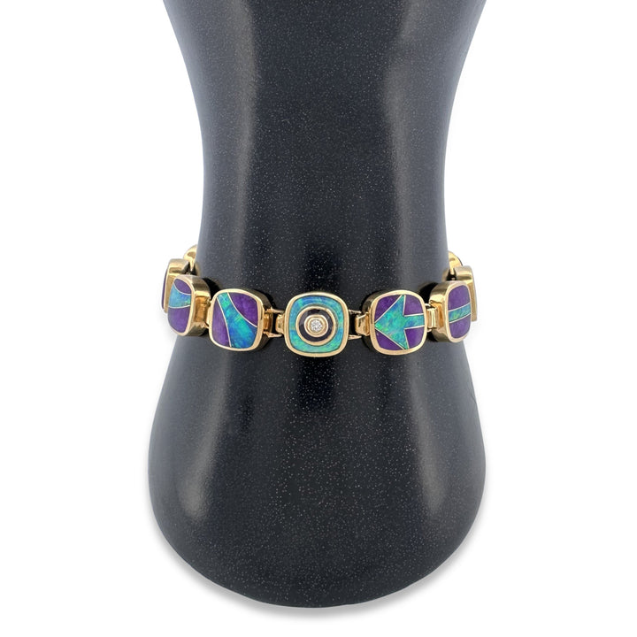 Opal & Sugilite Inlay with Round Brilliant Natural Diamond Link Bracelet in 18k Yellow Gold