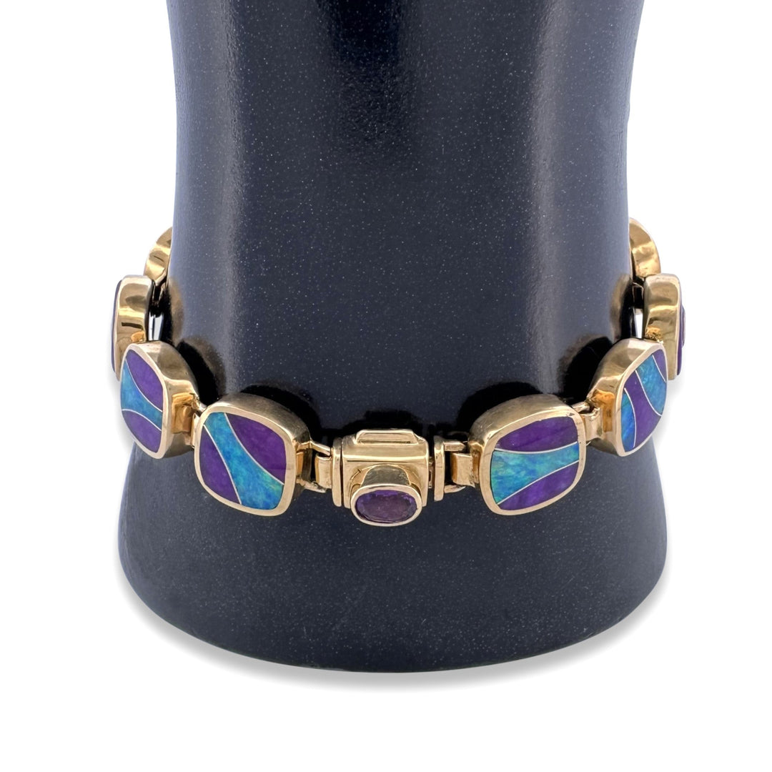 Opal & Sugilite Inlay with Round Brilliant Natural Diamond Link Bracelet in 18k Yellow Gold