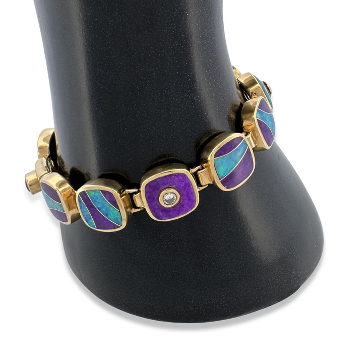 Opal & Sugilite Inlay with Round Brilliant Natural Diamond Link Bracelet in 18k Yellow Gold