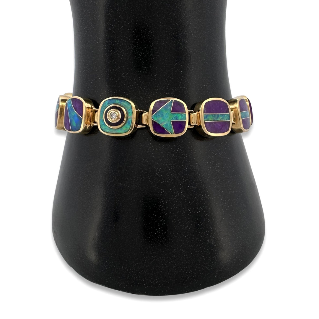 Opal & Sugilite Inlay with Round Brilliant Natural Diamond Link Bracelet in 18k Yellow Gold